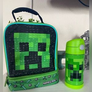 Minecraft Creeper Soft Insulated Dual School Lunch Box Tote Bag & cup Thermos